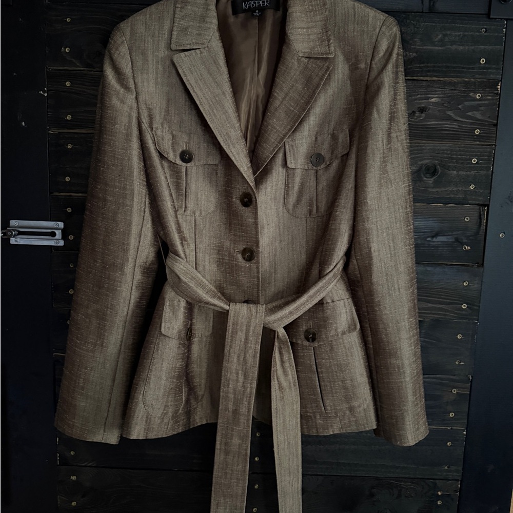 Kasper Brown Blazer with Belted Waist and Textured Fabric